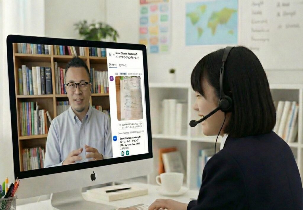 音読×直読直解の英語専門塾GCAによるオンライン自律学習プログラム（GIT）の受講イメージイラスト。ヘッドセットを装着した女子中高生がPCで英語のオンライン個別指導を受けている。画面には男性講師と長文教材が映し出され、生徒は笑顔で学習に取り組んでいる。