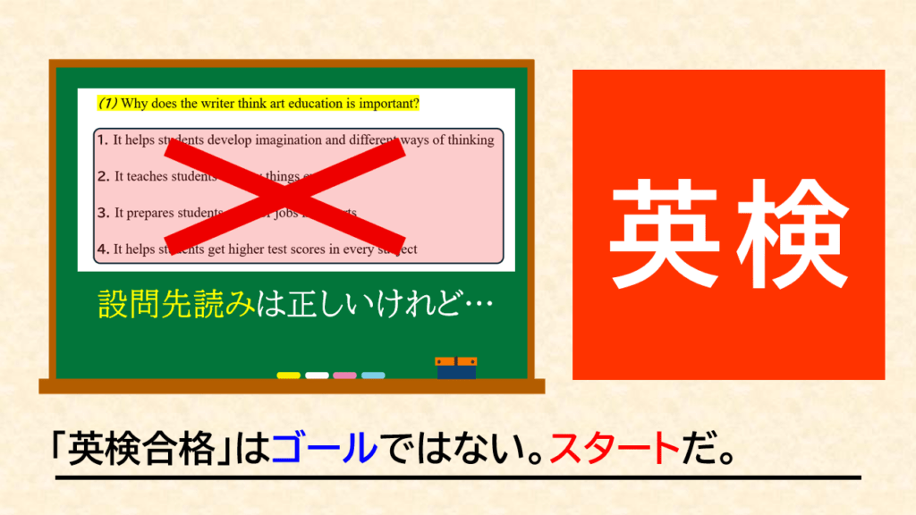 英検の長文読解では「設問を先に読む」のが鉄則。ただし、選択肢まで先に読む、本文と同じ単語だけで答えを選ぶのは要注意です。英検準2級・2級・準1級にも共通する「設問先読み」の2つの注意点を、具体的な英文を使って解説します。